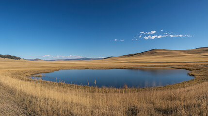 Vast blue skies with soft clouds, a tranquil and open panorama. A serene moment of calm and boundless freedom.