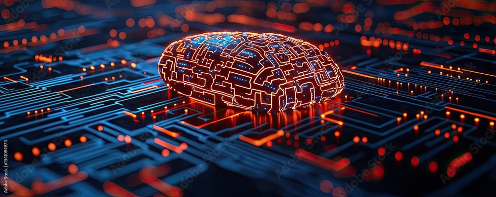 Poster Artificial intelligence data circuit in cyberspace computing concept. Futuristic brain design over intricate circuit background.