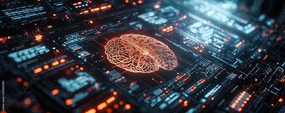 Poster Artificial intelligence database and future computing concept. Colorful digital brain on a circuit board, representing AI concepts.