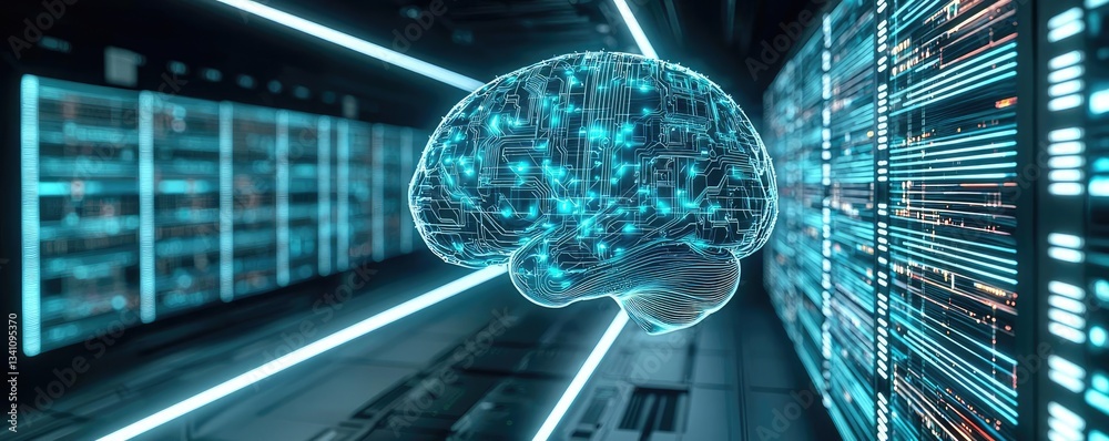 Poster Artificial intelligence database in cyberspace circuit concept. Futuristic digital brain with glowing connections in data center.