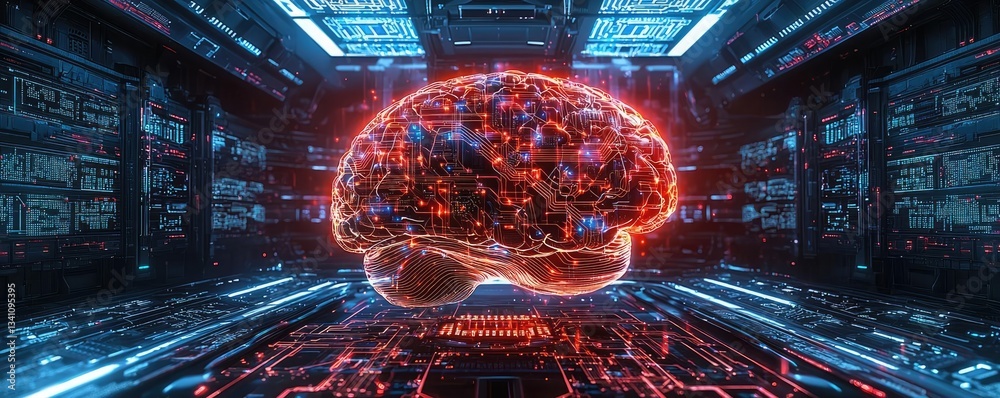 Aufkleber Artificial intelligence database in cyberspace circuit concept. Futuristic digital brain glowing in a high-tech environment.