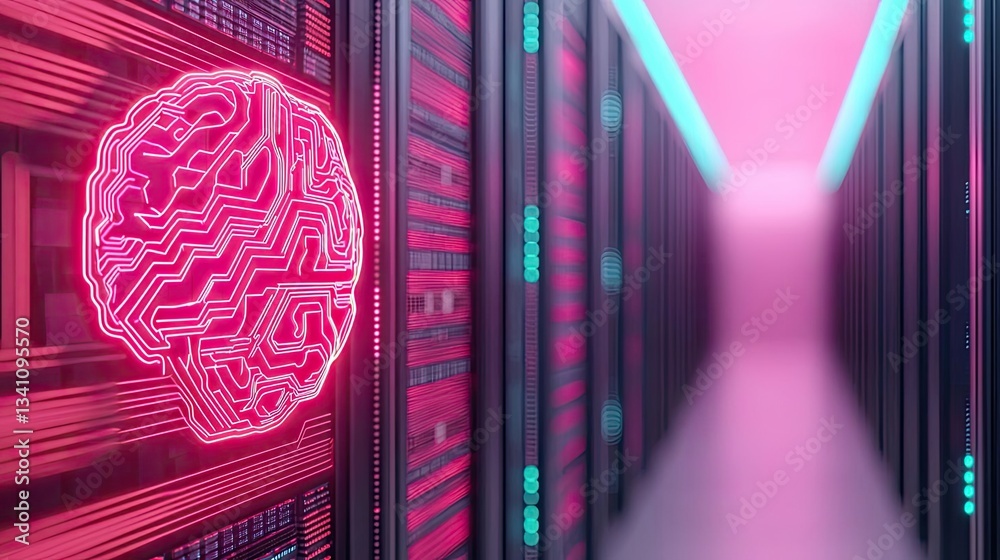 Aufkleber Artificial intelligence database and future computing concept. Futuristic server room with neon brain circuits glowing.