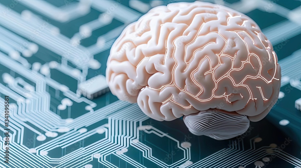 Poster Artificial intelligence database and future computing concept. A close-up view of a brain on a circuit board background.