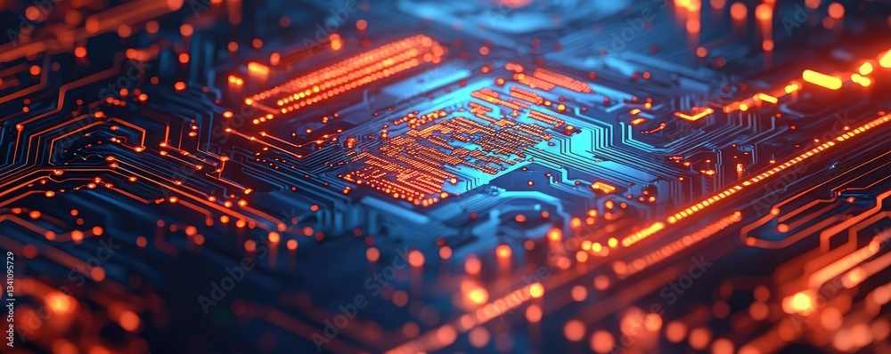 Poster Artificial intelligence database in cyberspace circuit concept. Close-up of a colorful circuit board with glowing elements.