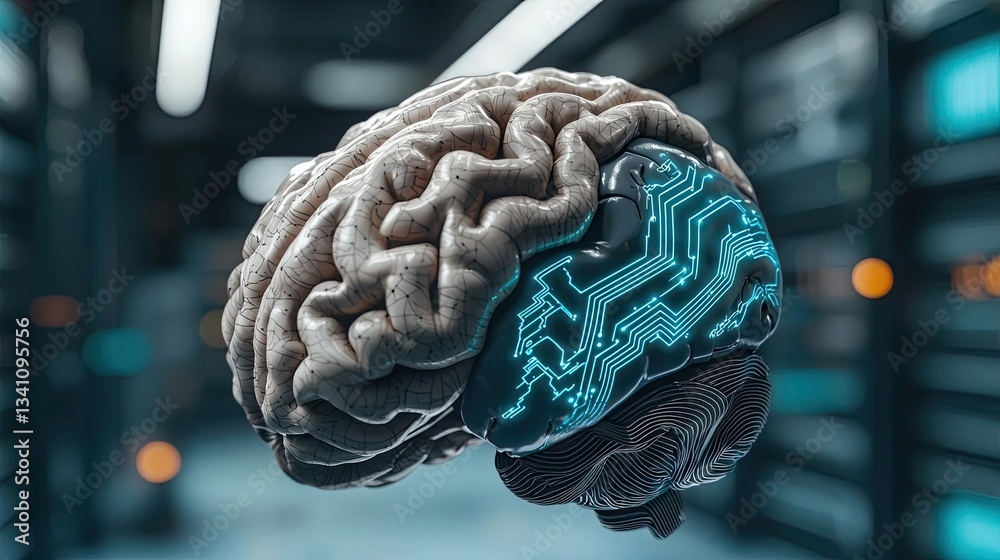 Poster Artificial intelligence database and future computing concept. A conceptual representation of a brain with digital circuitry.