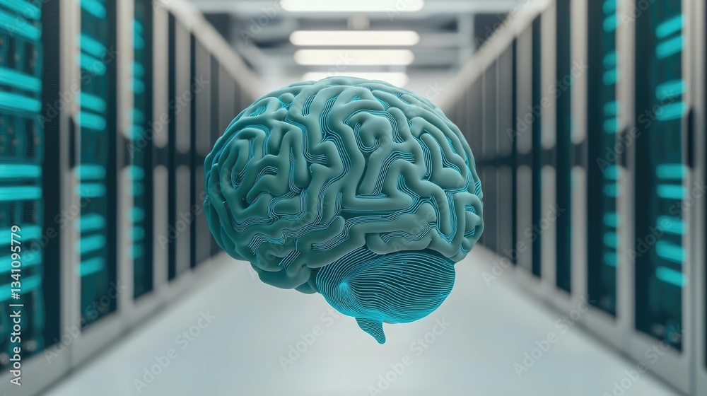 Poster Artificial intelligence database and future computing concept. 3D illustration of a brain floating in a data center environment.