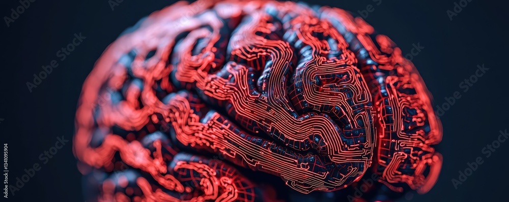 Poster Artificial intelligence data circuit in cyberspace computing concept. Close-up view of a red brain model highlighting intricate details.