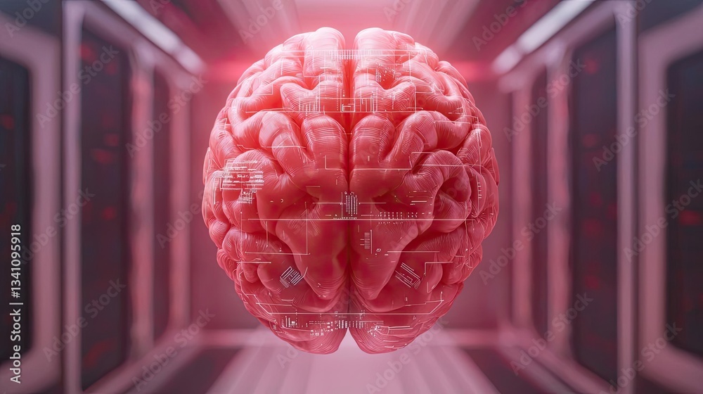 Aufkleber Artificial intelligence database in cyberspace circuit concept. A futuristic depiction of a human brain in a high-tech environment.