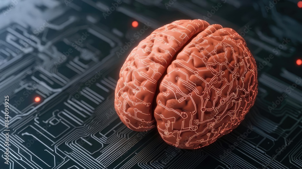 Poster Artificial intelligence database in cyberspace circuit concept. A conceptual visualization of a brain and circuit connections.