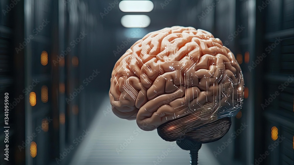 Poster Artificial intelligence database in cyberspace circuit concept. A futuristic visualization of a brain in a tech environment.