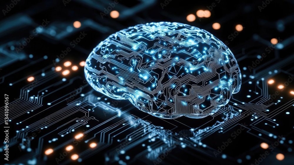 Poster Artificial intelligence data circuit in cyberspace computing concept. A futuristic brain with glowing circuitry on a microchip.
