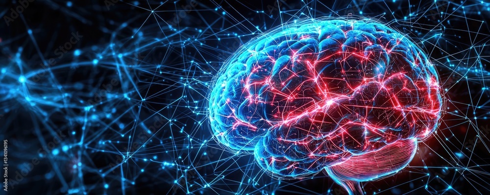 Poster Artificial intelligence database and future computing concept. Digital brain illustration representing neural connections.