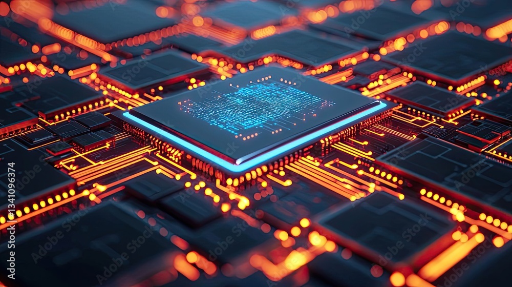 Aufkleber Artificial intelligence database and future computing concept. Close-up of a microchip with luminous circuits and vibrant colors.