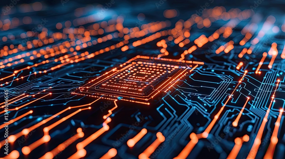 Poster Artificial intelligence database and future computing concept. Close-up view of a circuit board with glowing electronic components.