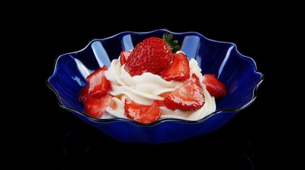 Strawberry mousse with fresh strawberries, whipped cream, and a fluffy texture, served in a blue dish, sweet and fruity Hyper-quality professionnal photography, ultra detailed, high resolution
