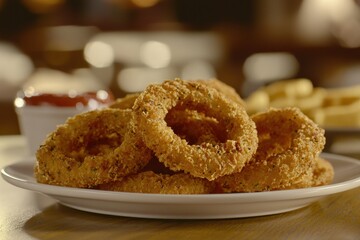 Crispy Fried Onion Rings Served with Ketchup and Side Dishes