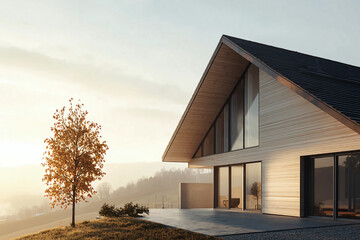 A modern home with a large angular roof, large windows, and an autumn tree in the foreground, bathed in soft sunlight.
