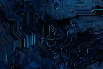 Abstract close-up of a glowing blue digital circuit board, showcasing intricate connections and technological design on a black background.
