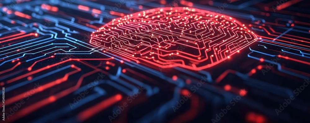 Aufkleber Artificial intelligence data circuit in cyberspace computing concept. A vibrant circuit board with glowing red and blue patterns.