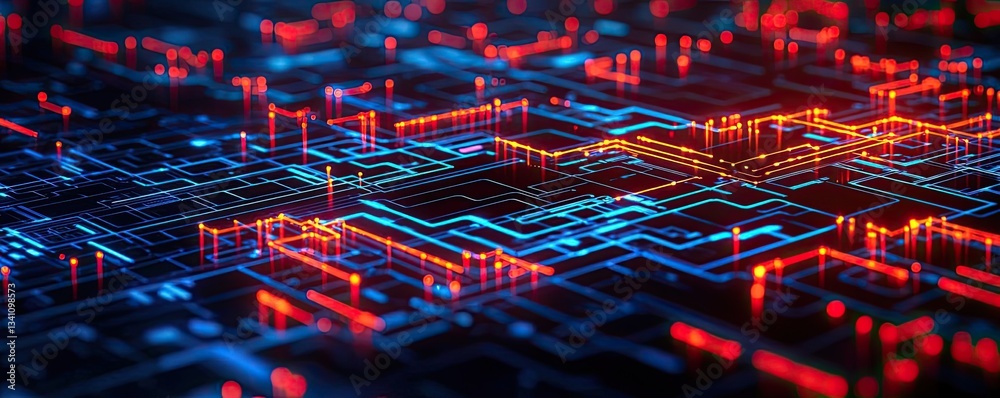 Aufkleber Artificial intelligence data circuit in cyberspace computing concept. Abstract digital circuit board with bright glowing connections.