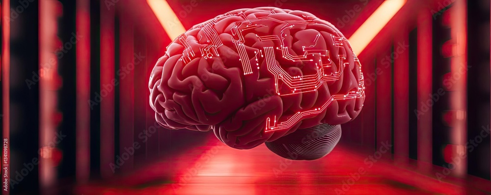 Poster Artificial intelligence database in cyberspace circuit concept. Futuristic representation of a brain in red neon lighting.