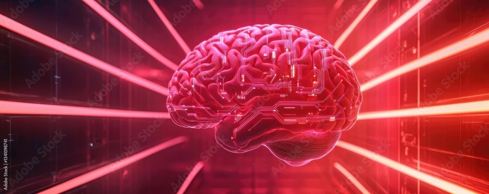 Poster Artificial intelligence database in cyberspace circuit concept. A vivid representation of a brain illuminated by lasers.