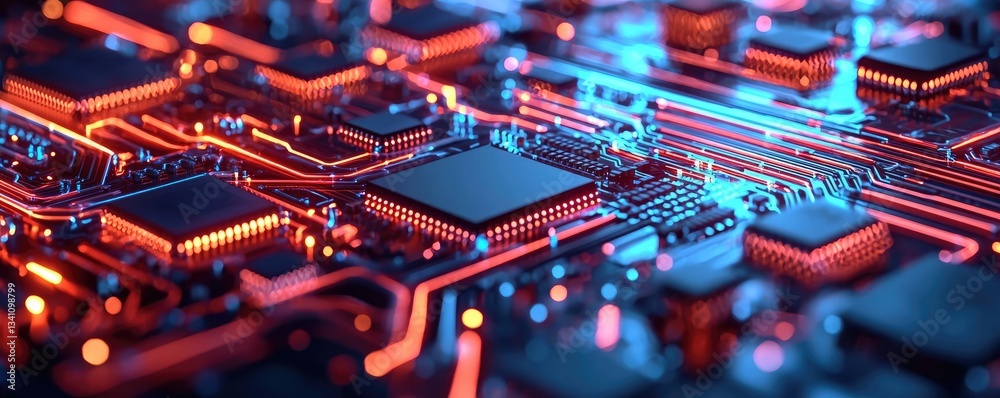 Poster Artificial intelligence database and future computing concept. Futuristic close-up of a glowing circuit board with intricate details.