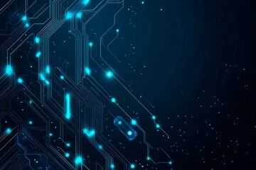 Abstract close-up of a glowing blue digital circuit board, showcasing intricate connections and technological design on a black background.
