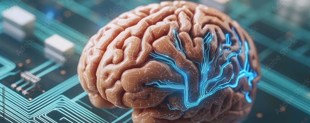 Poster Artificial intelligence database in cyberspace circuit concept. Innovative brain model with digital circuit connections.
