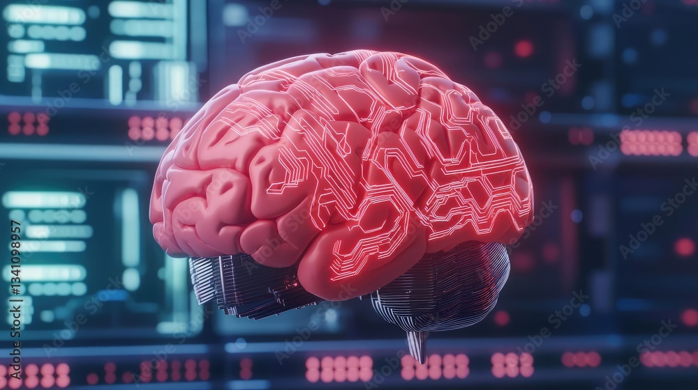 Poster Artificial intelligence database and future computing concept. An illuminated brain showcasing neural connections and technology.