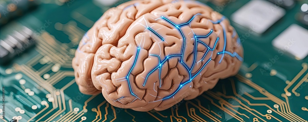 Leinwandbilder Artificial intelligence database in cyberspace circuit concept. Brain on a circuit board representing artificial intelligence.