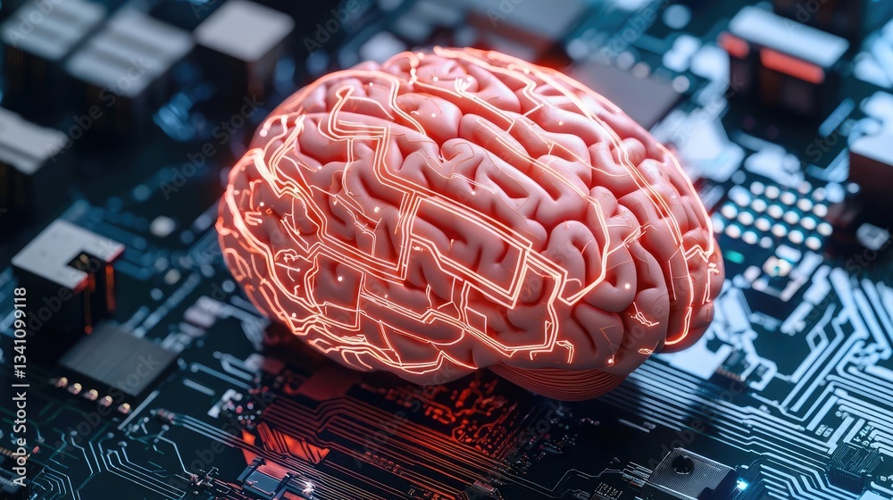 Aufkleber Artificial intelligence database and future computing concept. Digital brain on circuit board, symbolizing AI and innovation.