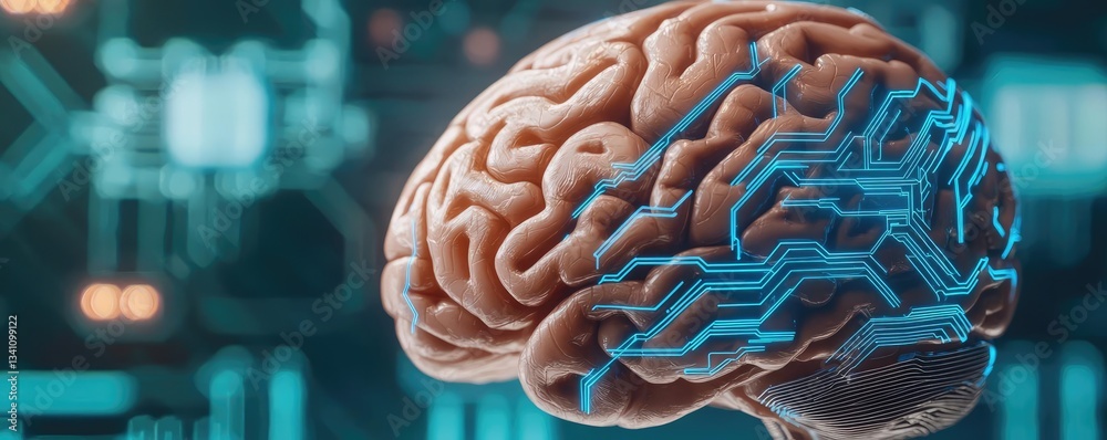 Aufkleber Artificial intelligence database in cyberspace circuit concept. A close-up of a human brain with digital circuitry overlay.