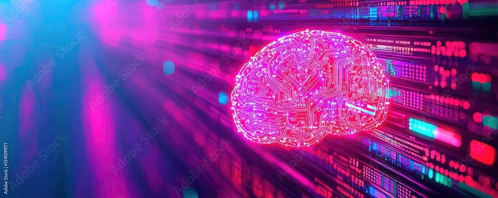 Aufkleber Artificial intelligence database in cyberspace circuit concept. Futuristic digital brain with vibrant neon colors and data streams.