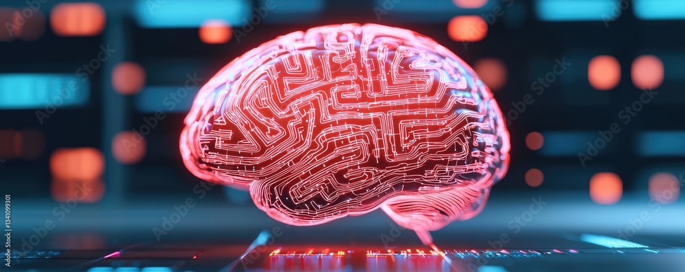 Poster Artificial intelligence database in cyberspace circuit concept. Futuristic brain design indicating advanced technology concepts.