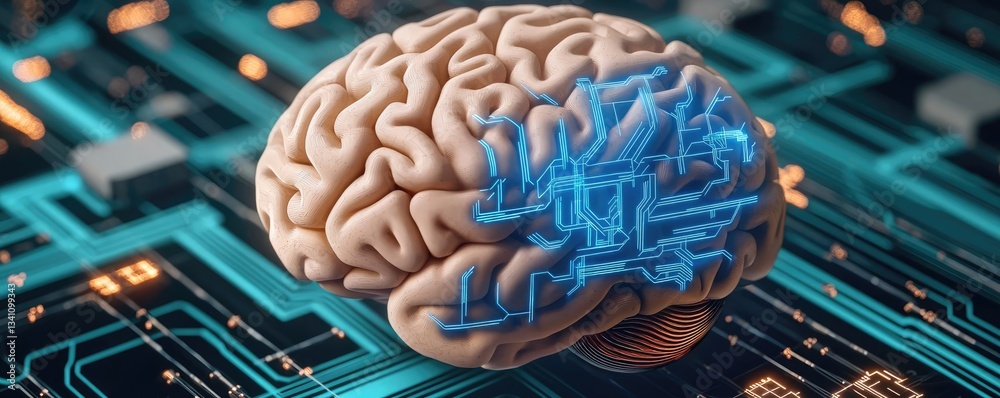 Poster Artificial intelligence database in cyberspace circuit concept. Brain illustration with digital circuitry, symbolizing technology.
