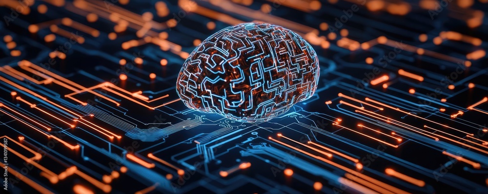 Poster Artificial intelligence database and future computing concept. Abstract representation of a brain on a circuit board.