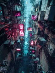 Obraz premium A claustrophobic urban alleyway, its walls impossibly tall, leaning inward as if about to collapse