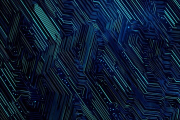Abstract close-up of a glowing blue digital circuit board, showcasing intricate connections and technological design on a black background.

