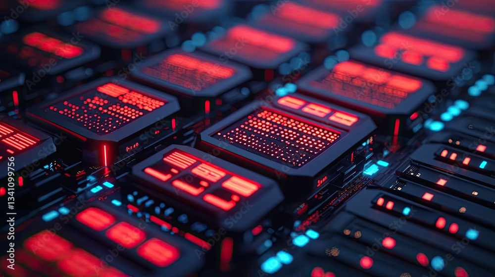 Poster Artificial intelligence database in cyberspace circuit concept. Close-up view of illuminated circuit boards in vibrant colors.