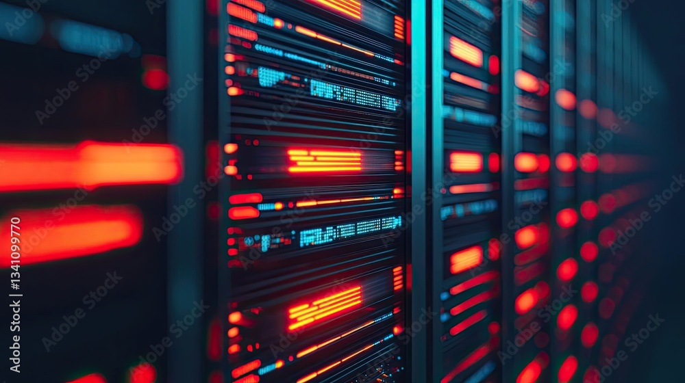 Aufkleber Artificial intelligence database in cyberspace circuit concept. High-tech server room with vivid red and blue lights.