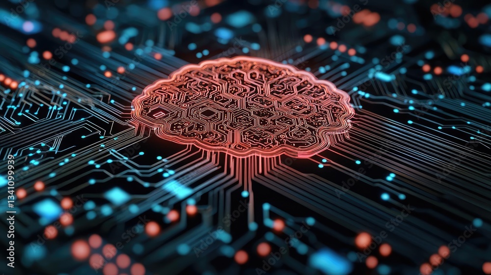 Aufkleber Artificial intelligence database in cyberspace circuit concept. Futuristic brain on a digital circuit board representing AI.