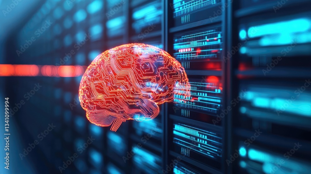 Poster Artificial intelligence database and future computing concept. Futuristic brain design with digital data servers in the background.