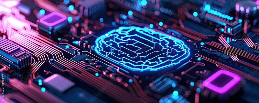 Poster Artificial intelligence database and future computing concept. Vibrant close-up of a futuristic circuit board in neon colors.