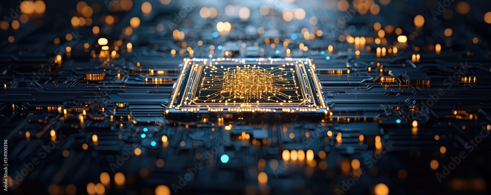 Aufkleber Artificial intelligence database in cyberspace circuit concept. Close-up of a computer chip showcasing intricate circuitry.