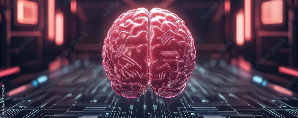Poster Artificial intelligence database and future computing concept. Futuristic digital brain concept with vibrant neon colors.