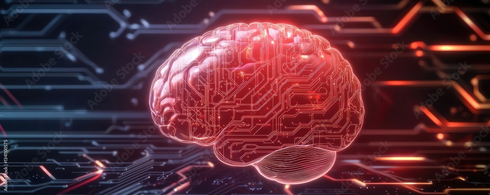 Poster Artificial intelligence database and future computing concept. A digital representation of a brain with circuitry patterns.