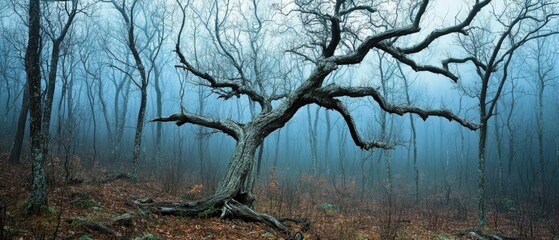 Obraz premium A dense, mist-covered forest bathed in cold, desaturated blue and gray tones