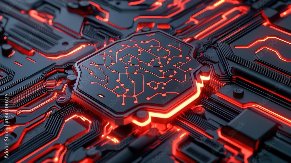 Fototapete Artificial intelligence database and future computing concept. Close-up view of a futuristic circuit board with red lights.