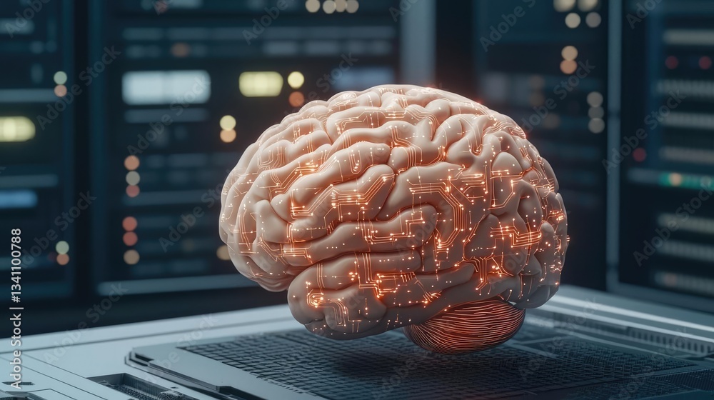 Aufkleber Artificial intelligence database and future computing concept. A futuristic brain model demonstrating advanced technology.